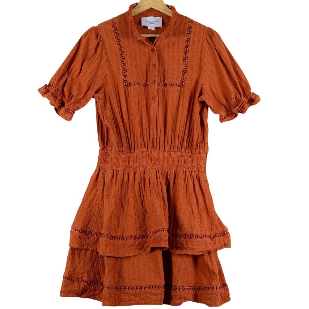 The Shirt‎ Rochelle Behrens Midi Dress The Tara Orange Button Up Tiered Women
